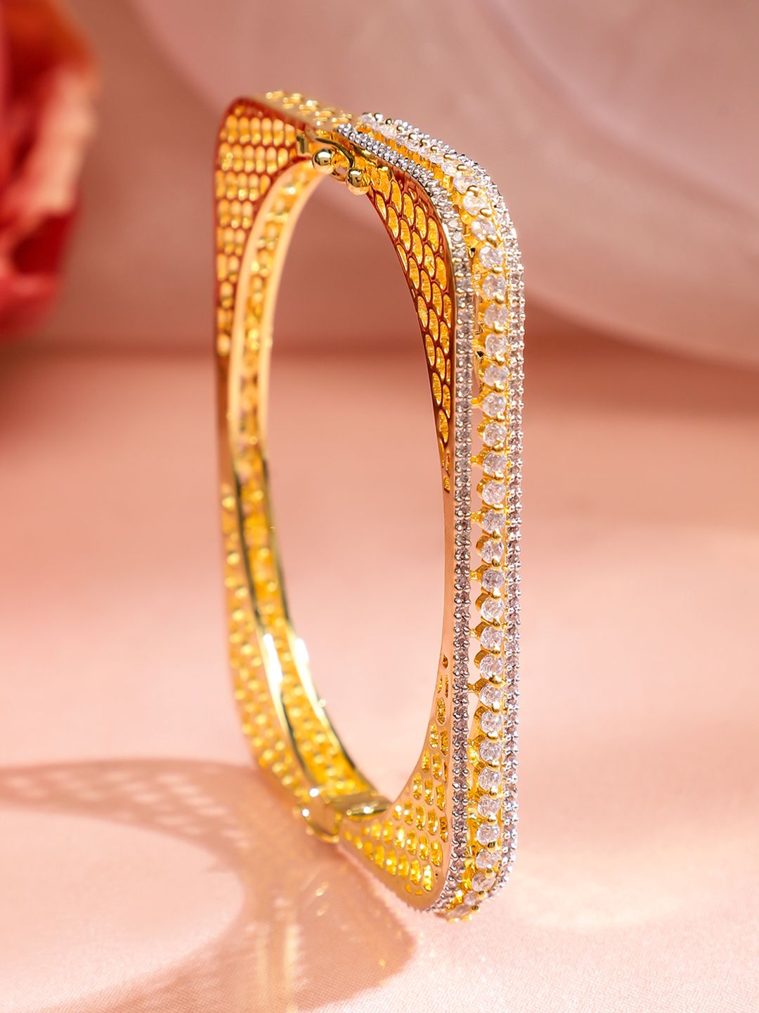 Dhiyona RJ Women's Brass Cubic Zirconia Gold-Plated Bangle-Style Bracelet