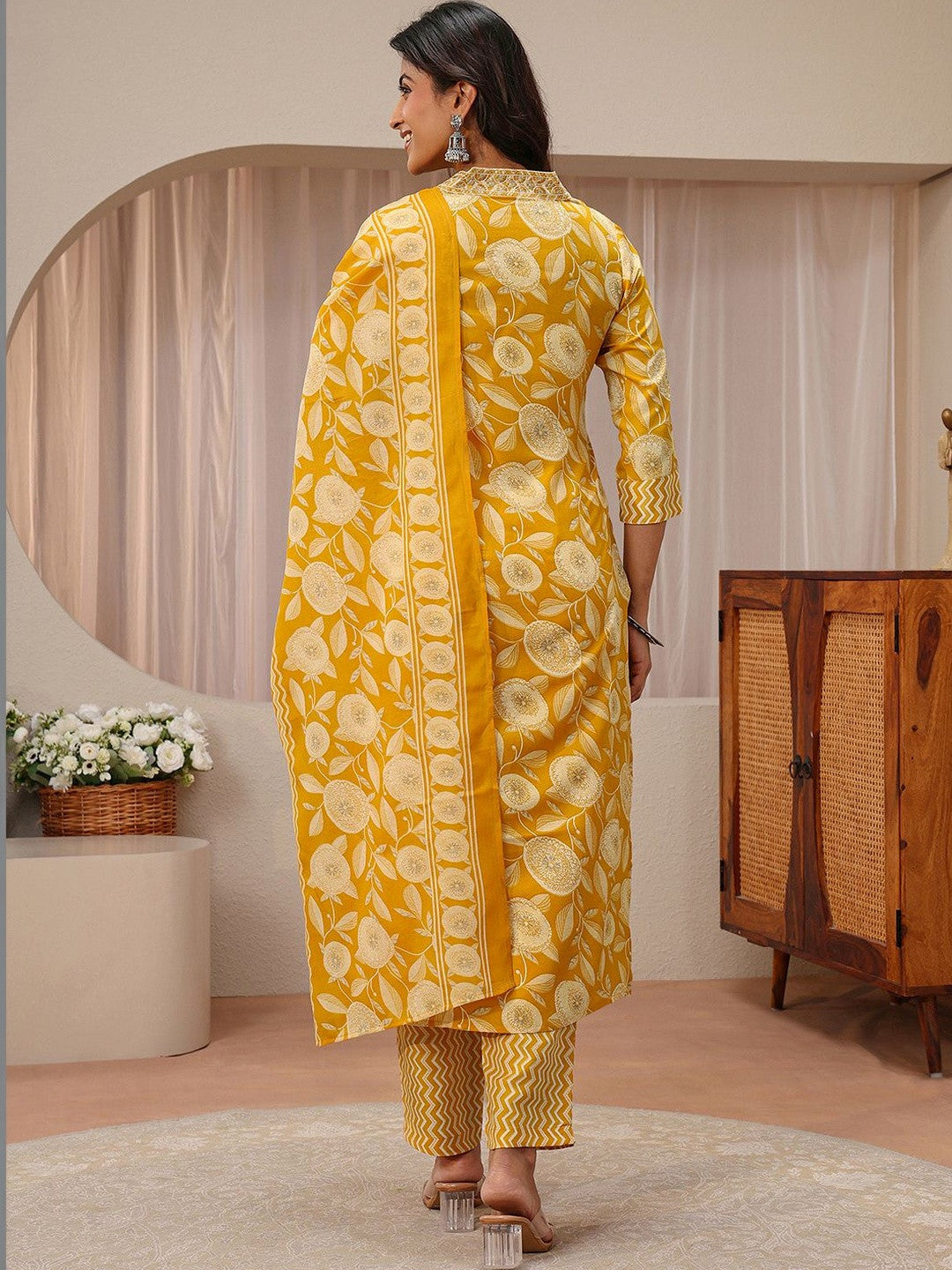 Libas Mustard Floral Printed Straight Suit Set