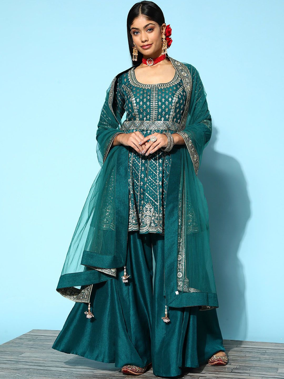Dhiyona LL Floral Embroidered Sequinned Pure Silk Kurti With Palazzos & With Dupatta