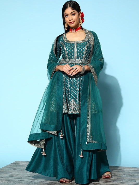 Dhiyona LL Floral Embroidered Sequinned Pure Silk Kurti With Palazzos & With Dupatta