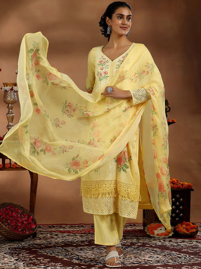 Floral Printed Thread Work Straight Kurta With Trousers & Dupatta