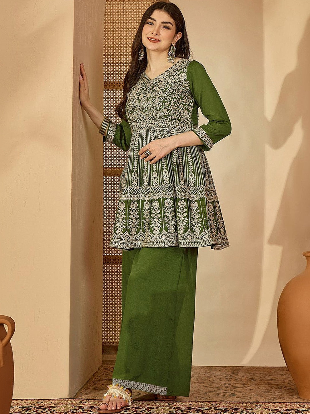 Embroidered V-Neck Straight Kurti & Palazzos Sets