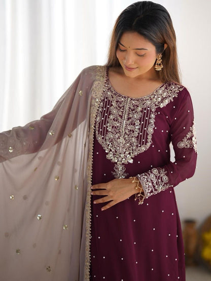 Dhiyona KL Women Ethnic Motifs Embroidered Regular Beads and Stones Kurta with Sharara & With Dupatta