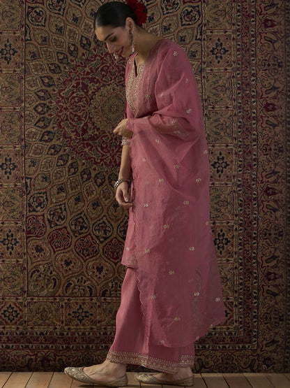 Dhiyona IE Ethnic Motifs Embroidered Notch Neck Zari Kurta With Palazzos & Dupatta