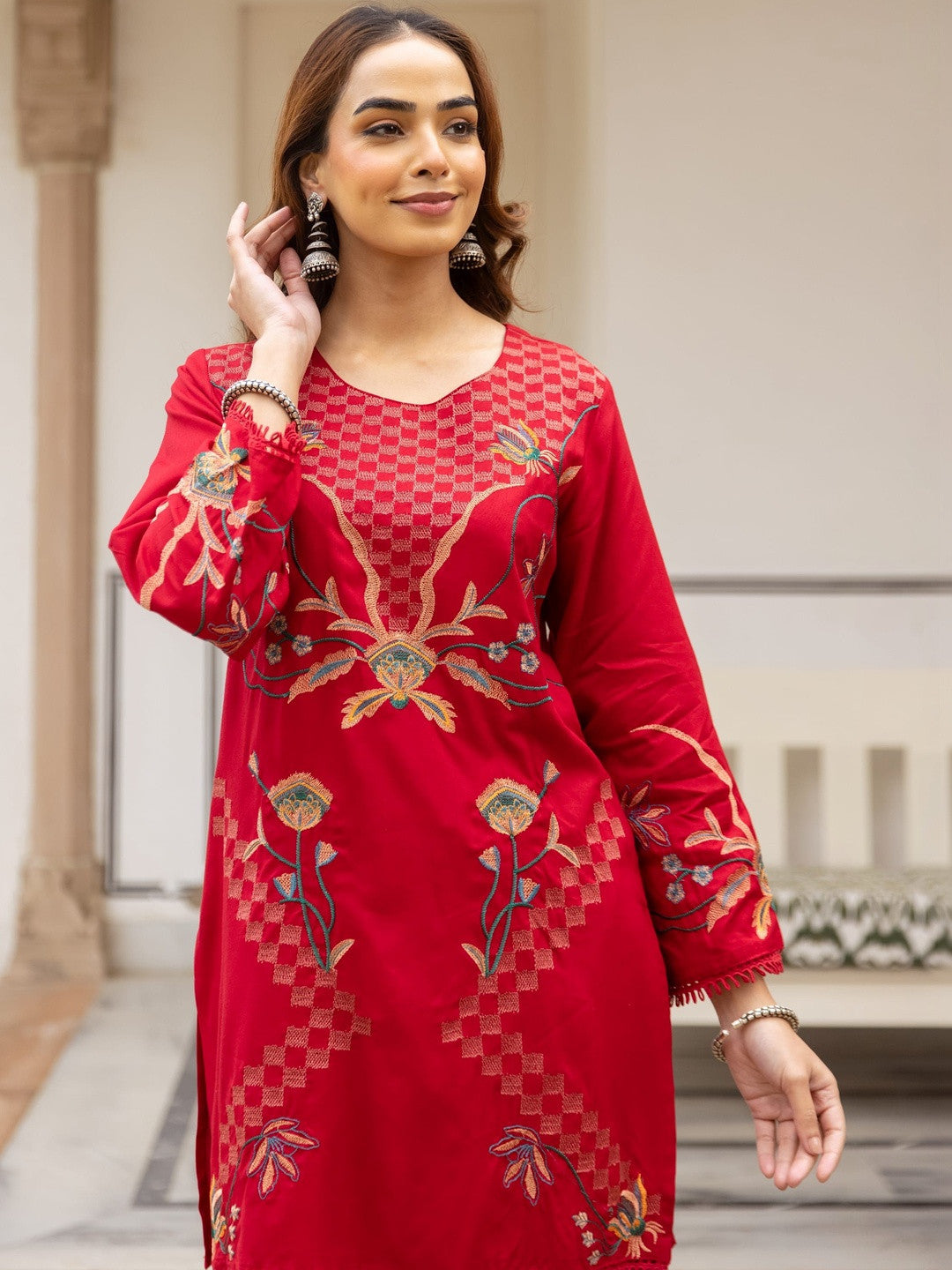 Embroidered Round Neck Kurti & Palazzos