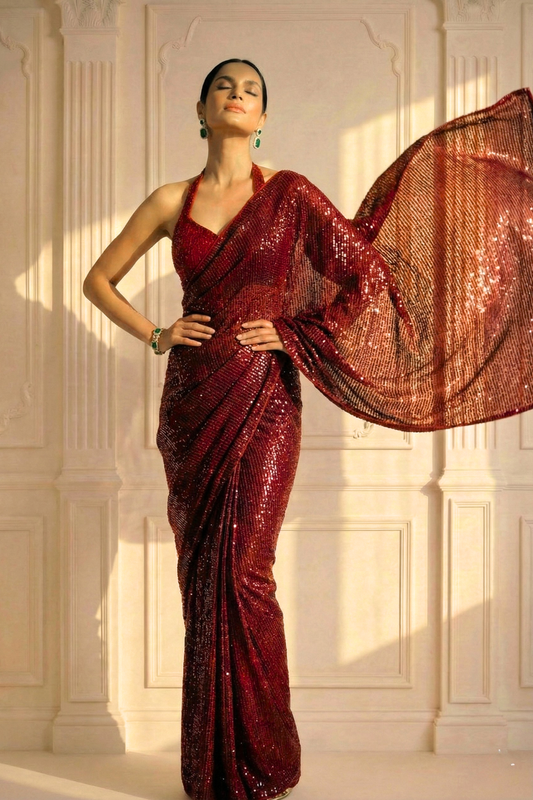Dhiyona ST Diva Maroon Knitted Sequin Saree with Blouse Fabric