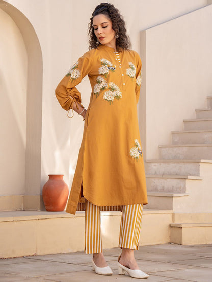 Floral Embroidered Mandarin Collar Pure Cotton Kurta With Trousers