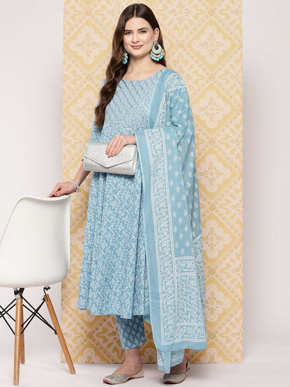 Dhiyona KL Women Ethnic Motifs Printed Regular Pure Cotton Kurta with Trousers & Dupatta