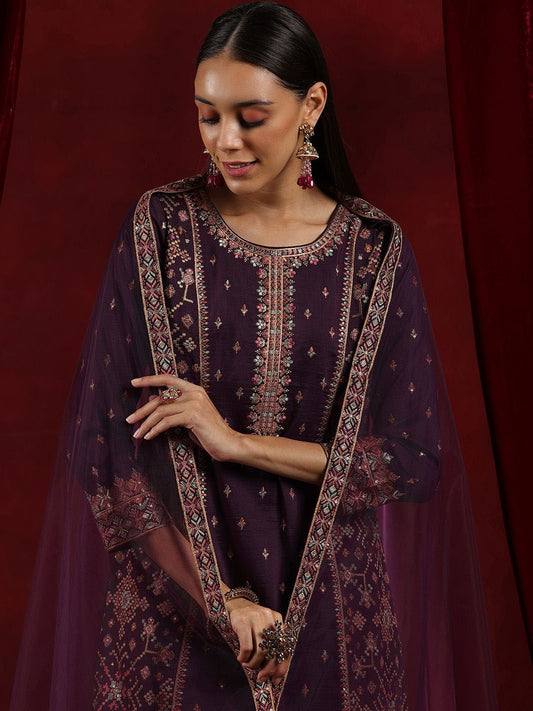 Dhiyona LL Floral Embroidered Sequined Straight Kurta With Palazzos & Dupatta