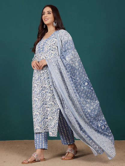 Dhiyona VA Women'sFloral Printed V-Neck Pure Cotton Straight Kurta With Trousers & Dupatta