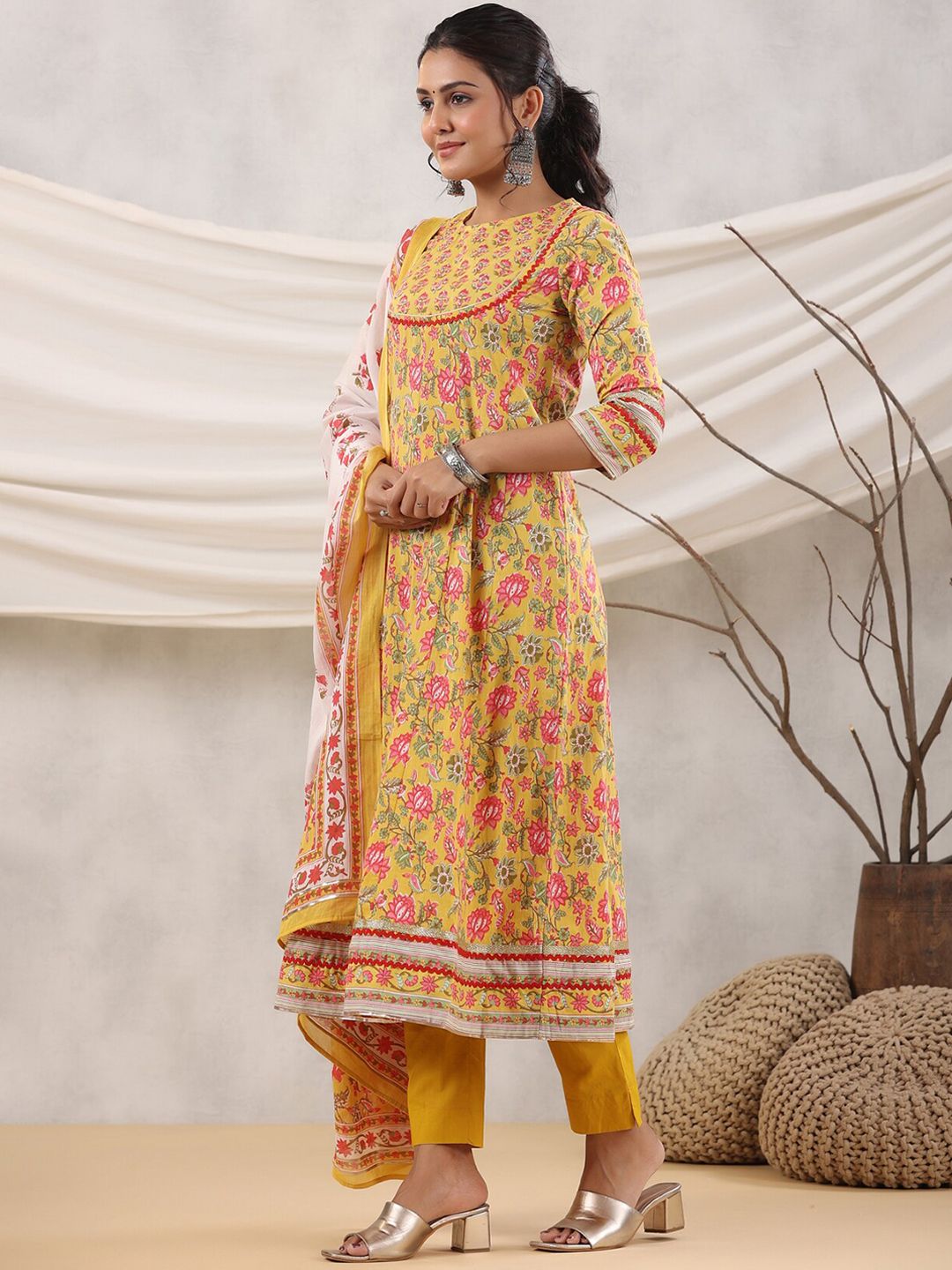 Dhiyona RR Women's Floral Printed Sequined Anarkali Pure Cotton Kurta with Trousers & Dupatta