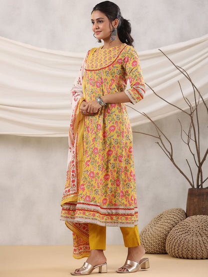 Dhiyona RR Women's Floral Printed Sequined Anarkali Pure Cotton Kurta with Trousers & Dupatta