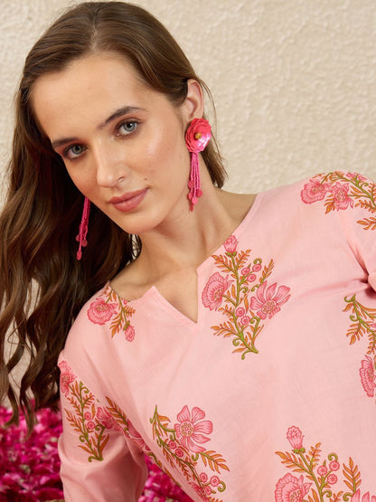 Dhiyona IE Printed Round Neck Three-Quarter Sleeves Pure Cotton Top With Trousers