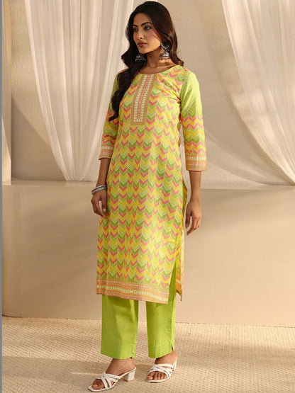 Libas Green Chevron Printed Straight Suit Set with Dupatta