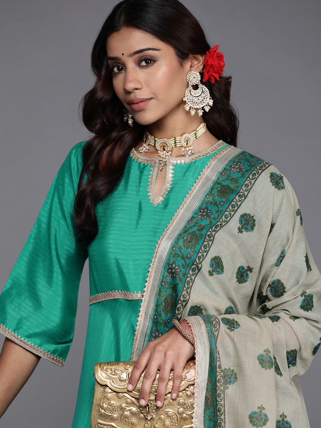 Womens Green Solid Anarkali Kurta With Palazzos & Dupatta
