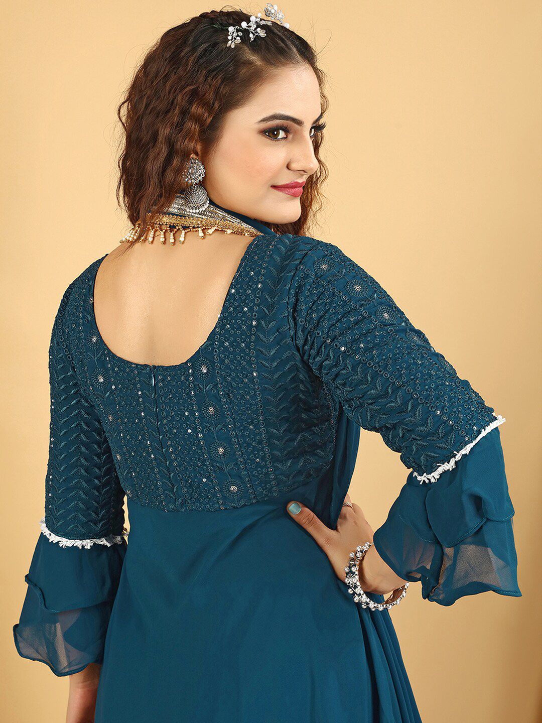 Dhiyona KL Floral Embroidered Regular Sequinned Anarkali Kurta With Palazzos & Dupatta