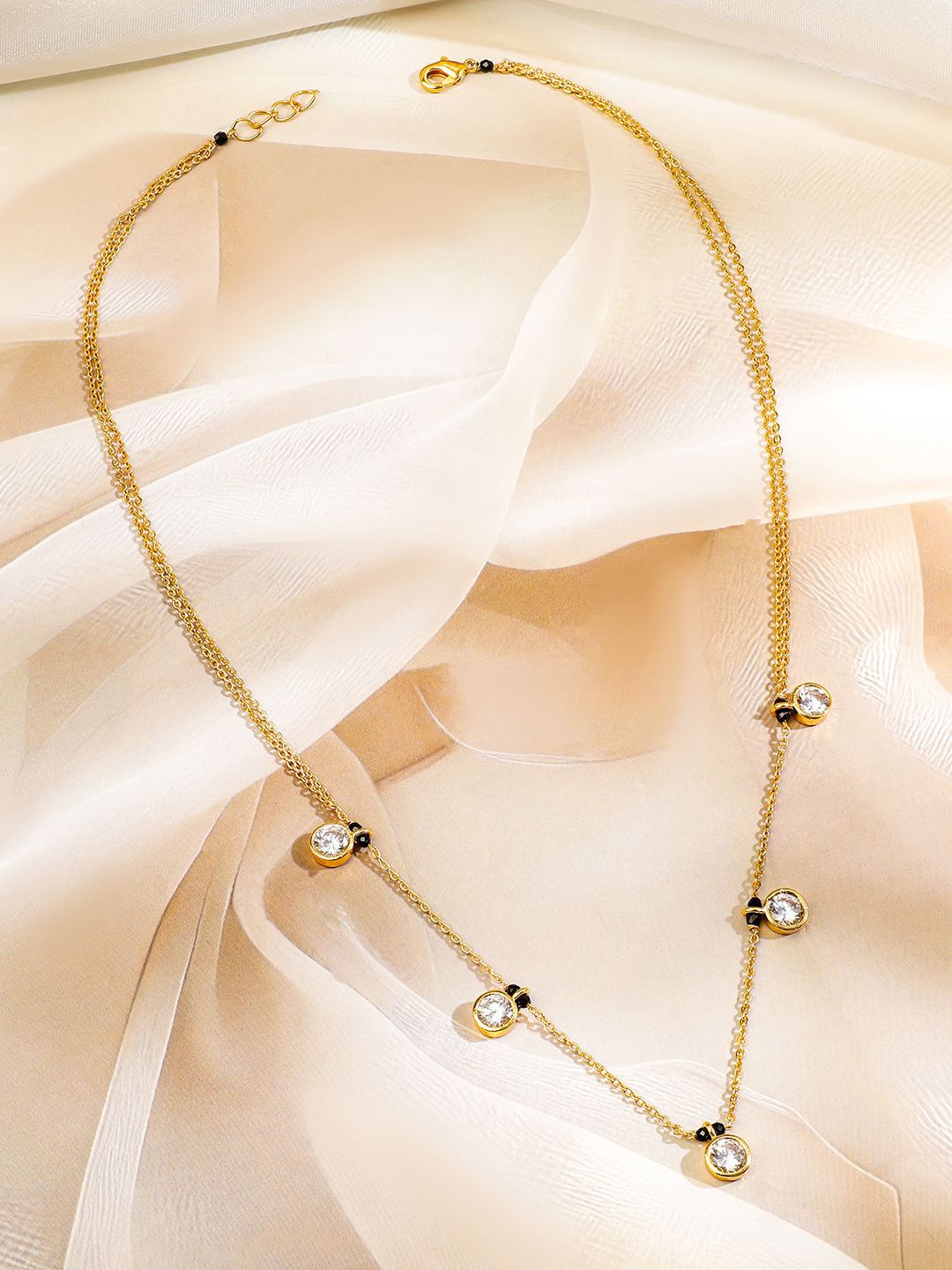 Dhiyona RJ Women's 18K Gold-Plated Cubic Zirconia Studded Minimal Mangalsutra with Black Beaded Chain
