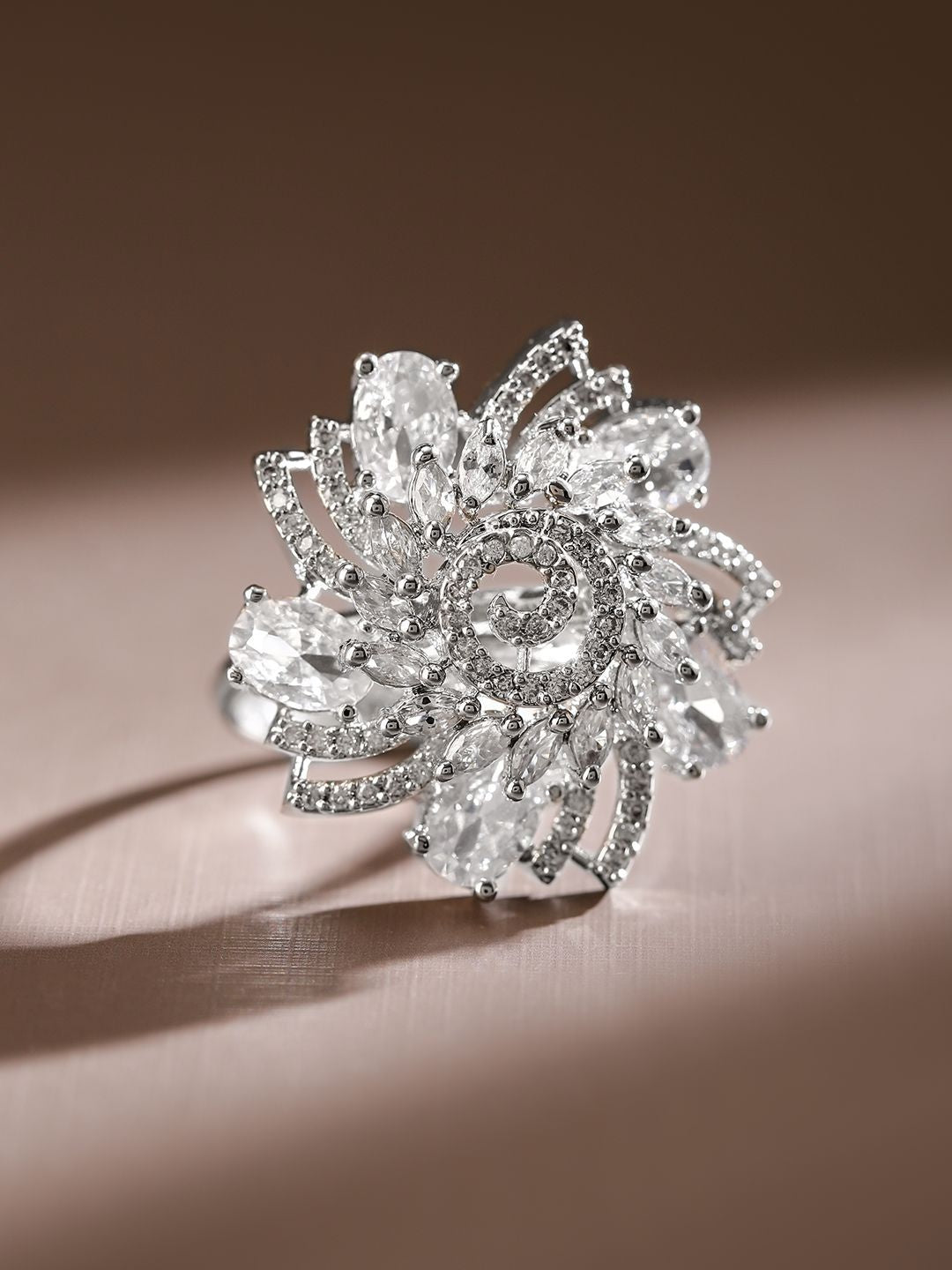Dhiyona RJ Women's Rhodium-Plated Cubic Zirconia Studded Swirl Design Adjustable Finger Ring