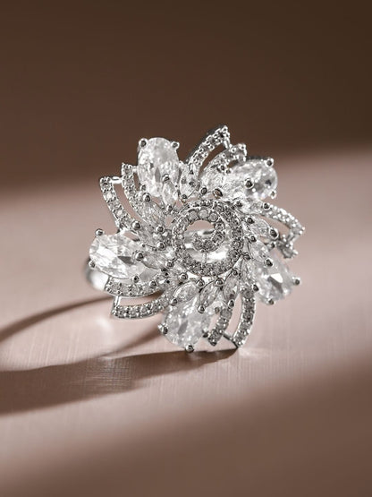 Dhiyona RJ Women's Rhodium-Plated Cubic Zirconia Studded Swirl Design Adjustable Finger Ring