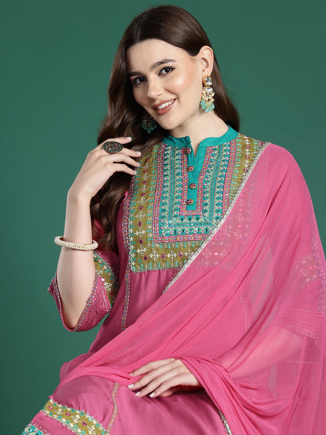 Ethnic Motifs Embroidered Panelled Mirror Work Kurta With Trousers & Dupatta