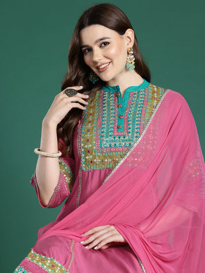 Ethnic Motifs Embroidered Panelled Mirror Work Kurta With Trousers & Dupatta