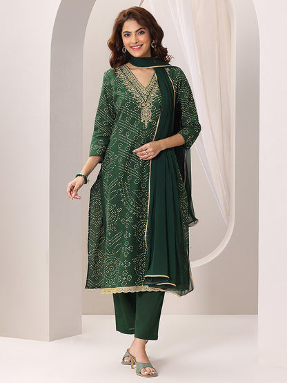 Bandhani Printed Thread Work Straight Kurta With Trousers & Dupatta