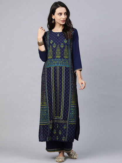Dhiyona IE Ethnic Motifs Printed Keyhole Neck Liva Kurta