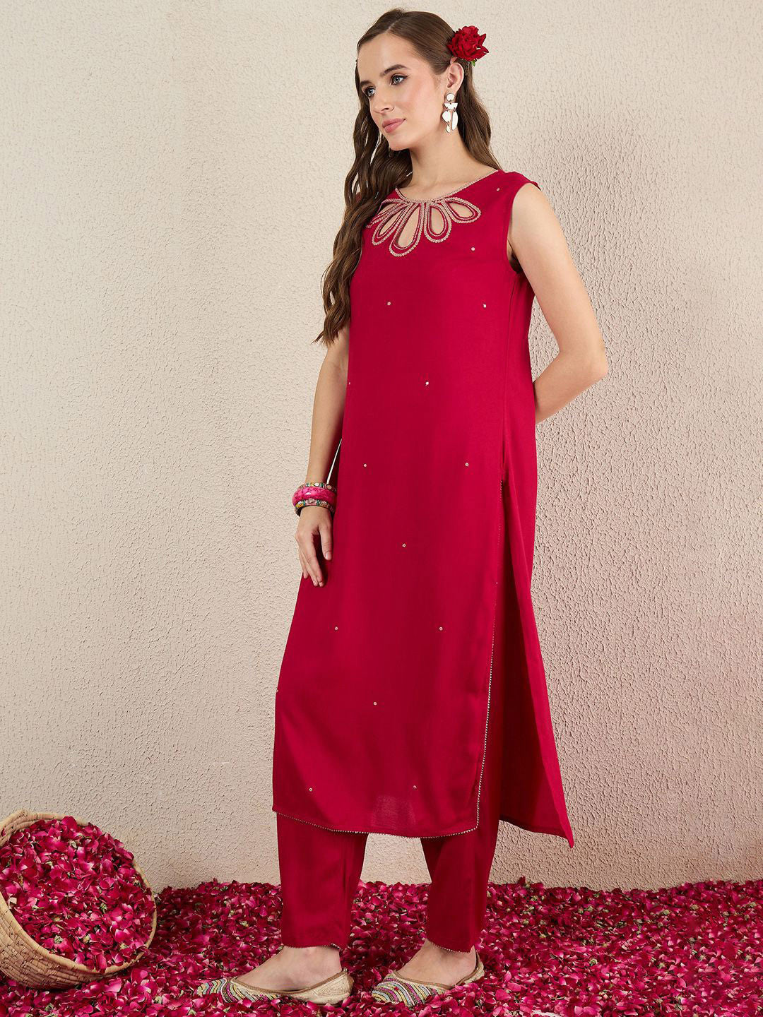 Women Solid Embroidered Kurta with Trousers