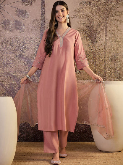 Embroidered V-Neck Kurta & Trousers Kurta Sets