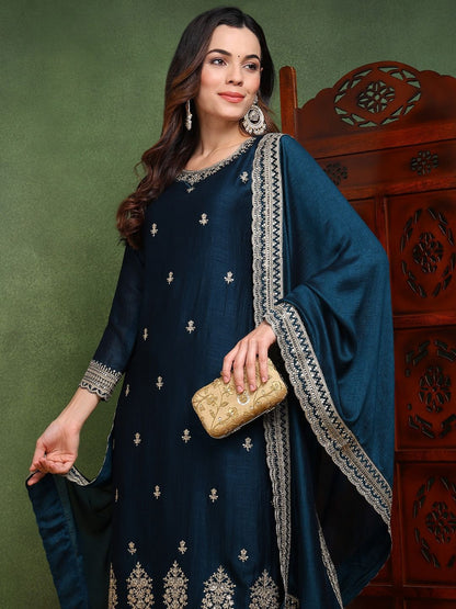 Dhiyona KL Ethnic Motifs Embroidered Thread Work Straight Kurta with Palazzos & Dupatta