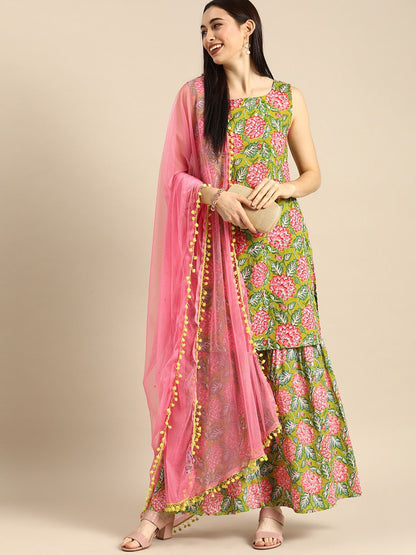 Dhiyona AN Women Green & Pink Floral Printed Kurta with Sharara & Dupatta