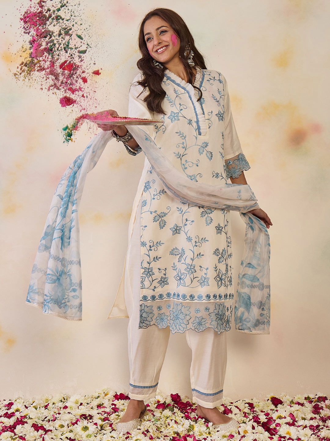 Floral Embroidered Thread Work Kurta With Trousers & Dupatta