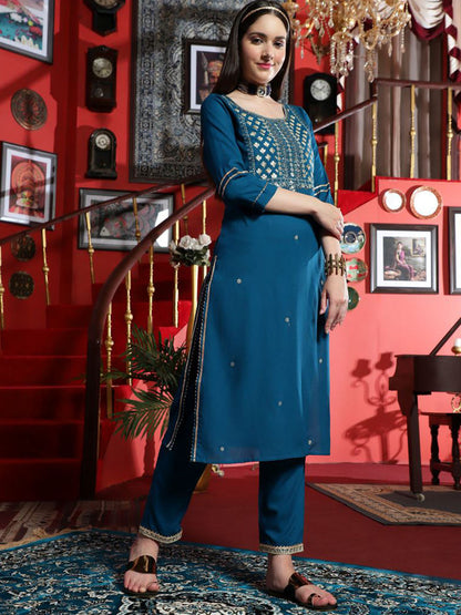 Teal Ethnic Motifs Embroidered Gotta Patti Straight Kurta & Trouser With Dupatta