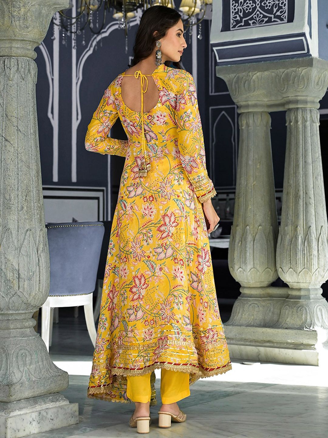 Dhiyona KL Floral Printed Thread Work Anarkali Kurta & Trousers With Dupatta