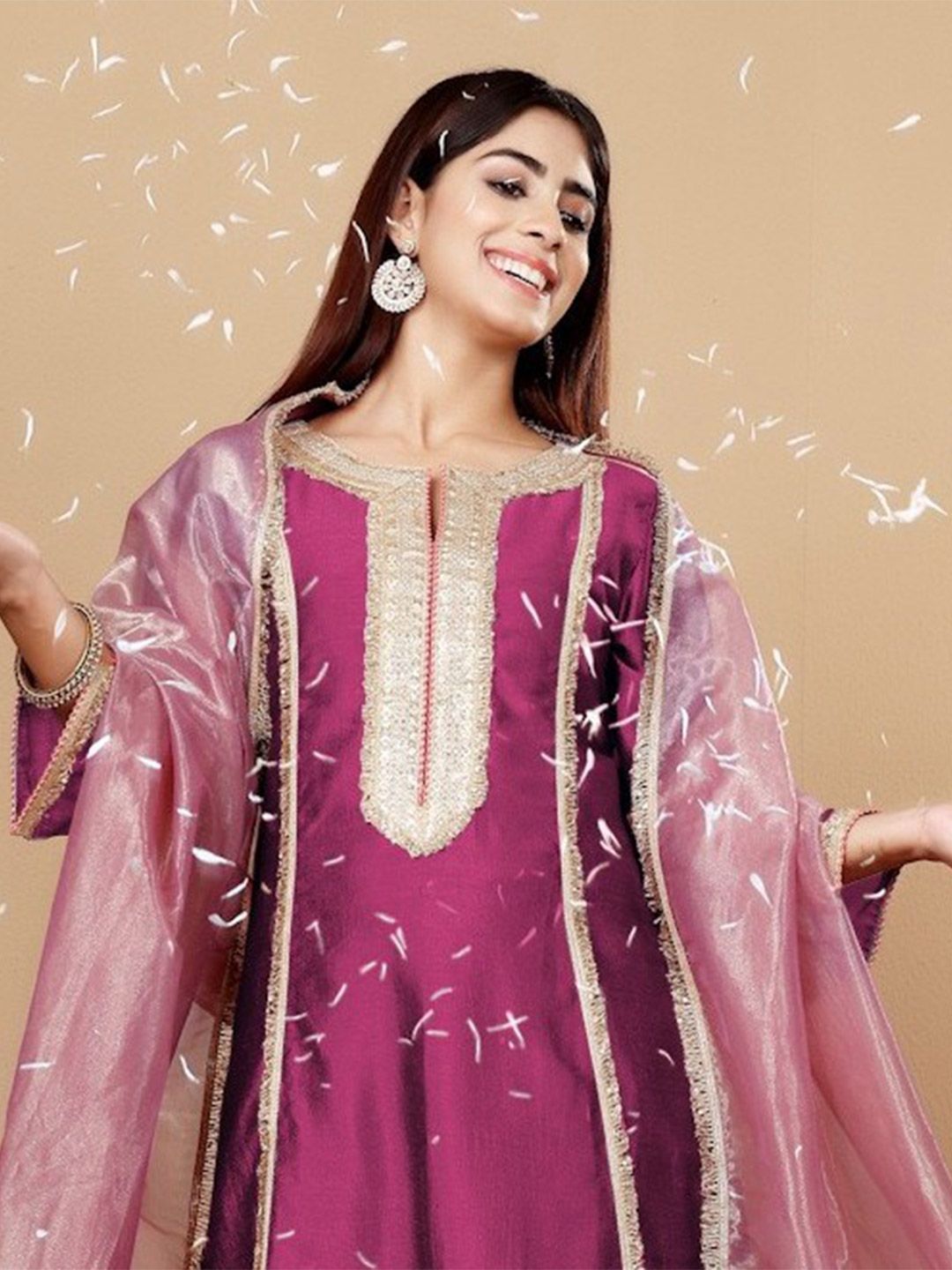 Purple Yoke Design Regular Sequinned Kurta with Trousers & With Dupatta