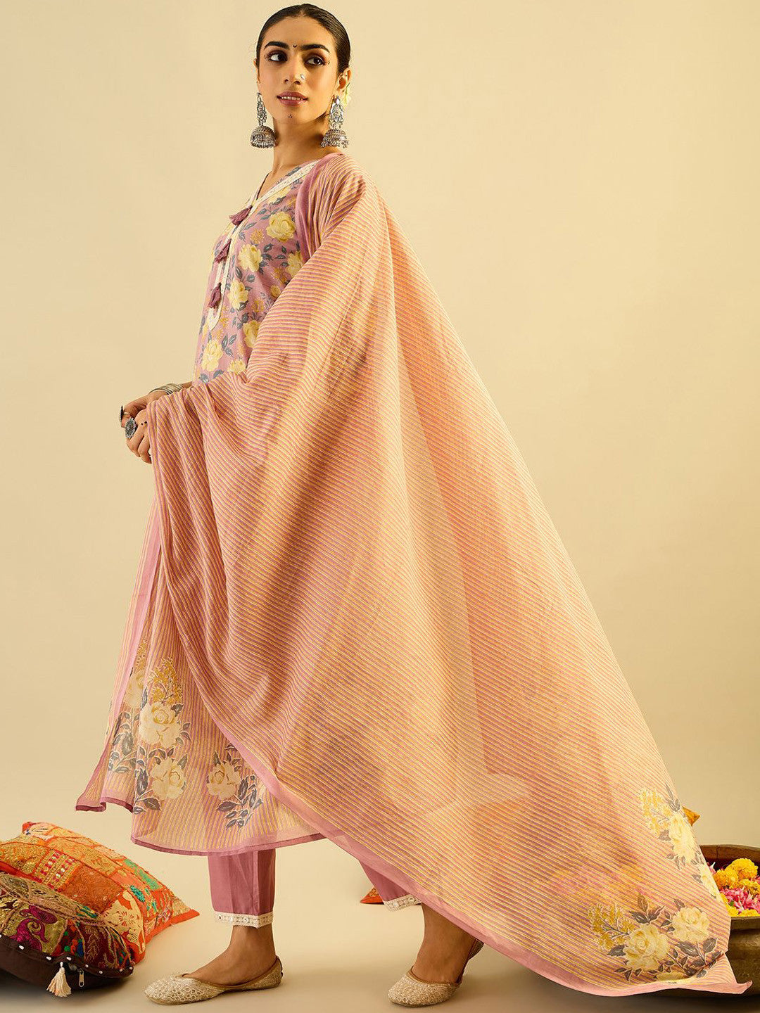 Floral Printed Pure Cotton Kurta With Trousers & Dupatta
