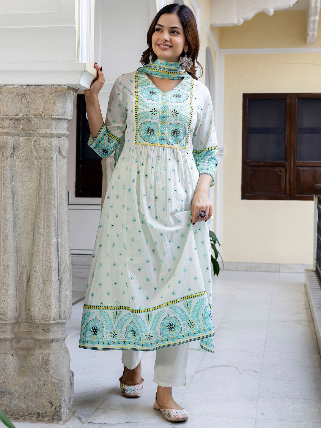 Floral Printed V-Neck Pleated Pure Cotton A-Line Kurta With Trouser And Dupatta