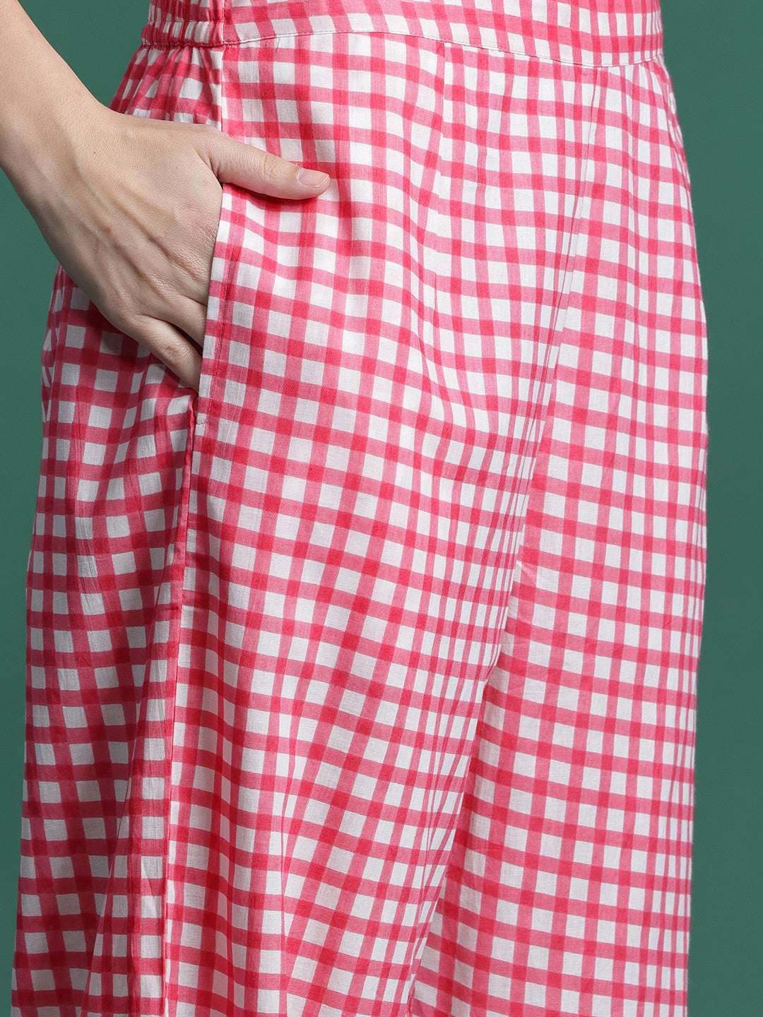 Checked Thread Work Pure Cotton Kurta with Trousers