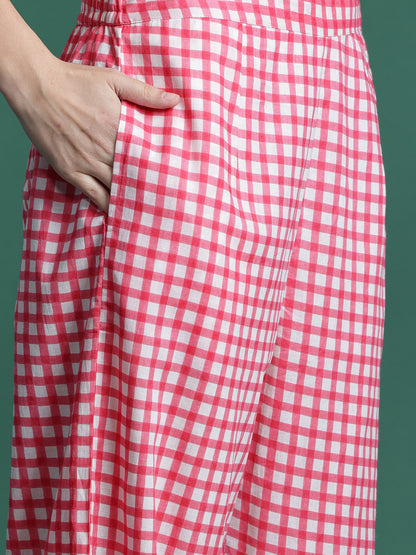 Checked Thread Work Pure Cotton Kurta with Trousers