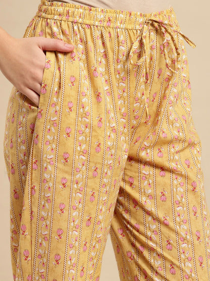 Dhiyona SN Women's Yellow & Pink Floral Printed Pure-Cotton Straight Kurta With Trouser & Dupatta