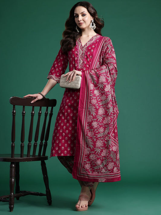 Dhiyona IE Women Floral Printed Regular Pure Cotton Kurta with Salwar & With Dupatta