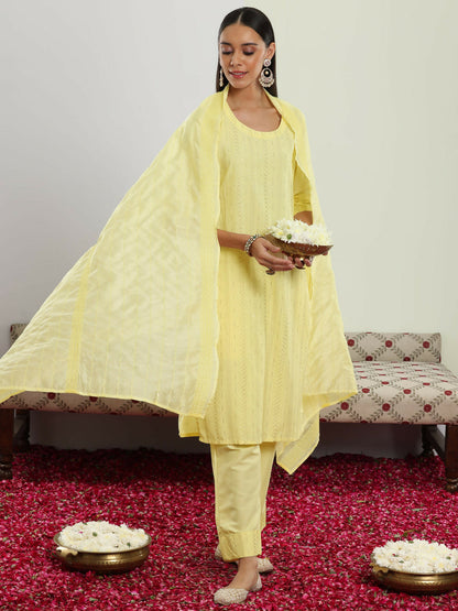 Women's LB Yellow Self Design Silk Blend Straight Suit With Dupatta