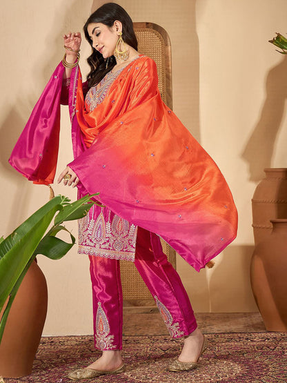 Zari Sequence Embroidered Straight Kurta With Trouser & Dupatta