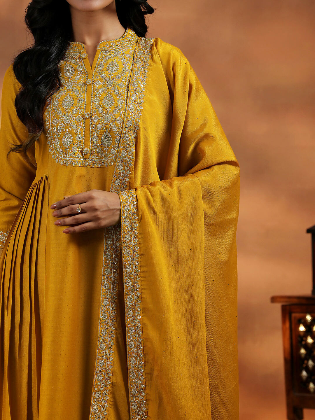 Women's LB Mustard Yoke Design Silk Blend A-Line Kurta With Palazzos & Dupatta