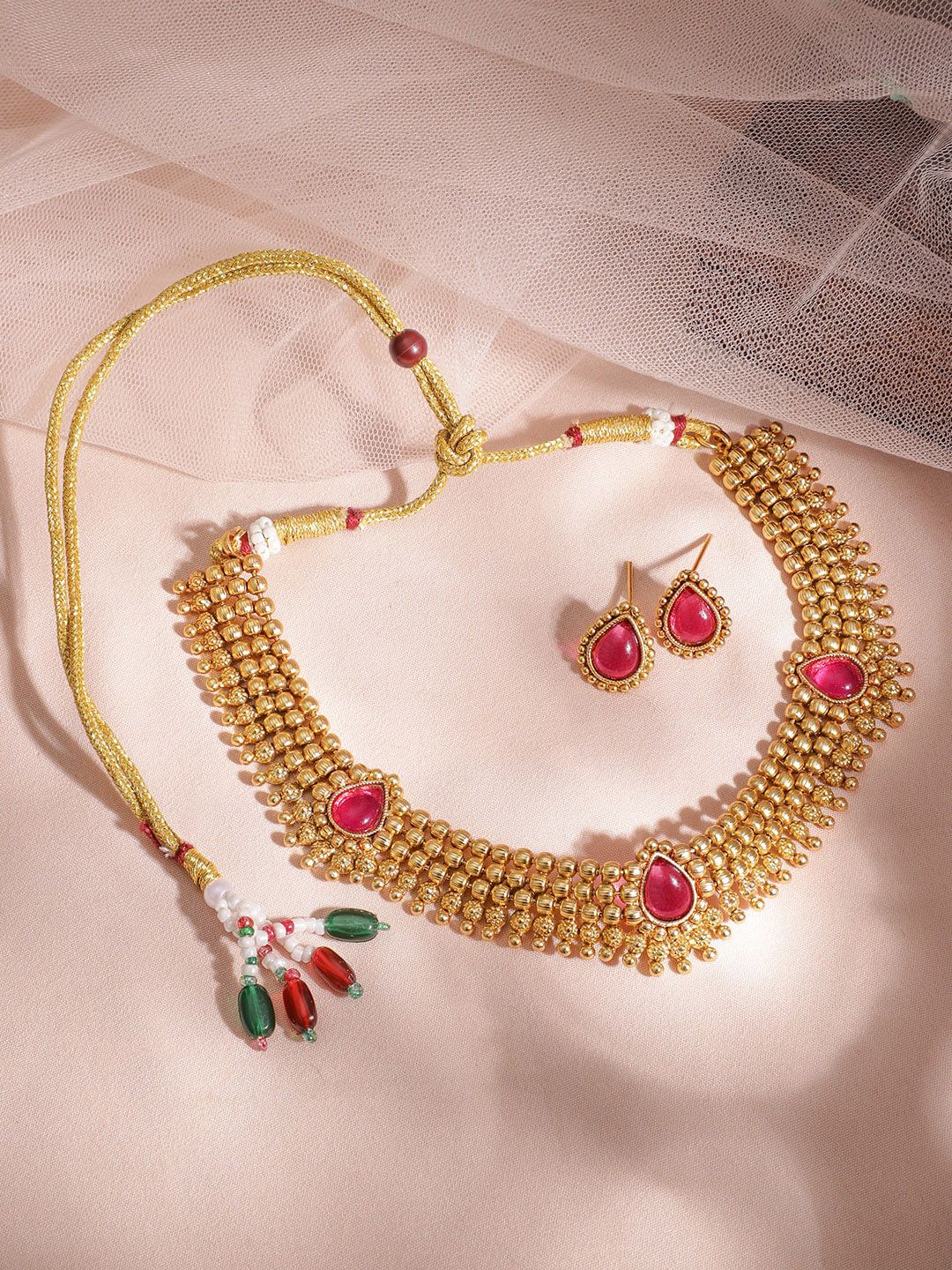 Dhiyona RJ Women's 22KT Gold Plated Ruby Stone Studded Gold Tone Traditional Temple Jewellery Set