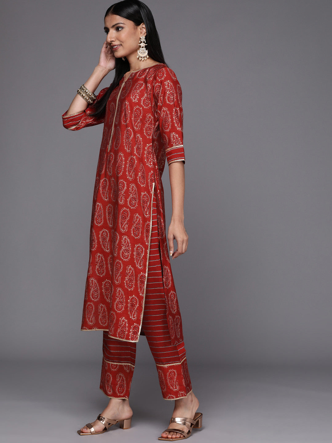 Women Red Paisley Printed Gotta Patti Kurta with Trousers & With Dupatta
