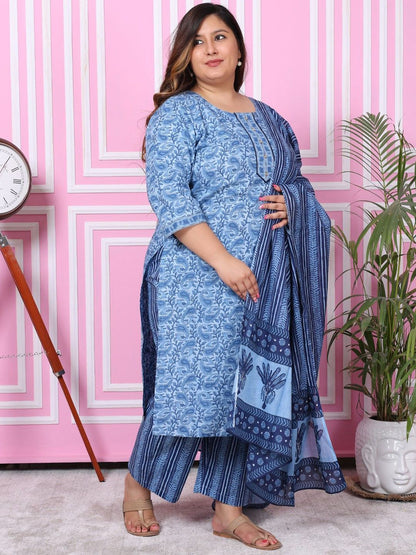 Dhiyona KL Plus Size Floral Printed Pure Cotton Straight Kurta with Palazzos & Dupatta