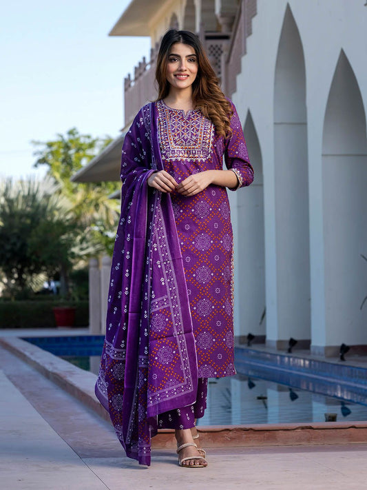 Dhiyona KL Ethnic Motifs Printed Embroidered Pure Cotton Kurta With Trousers & Dupatta