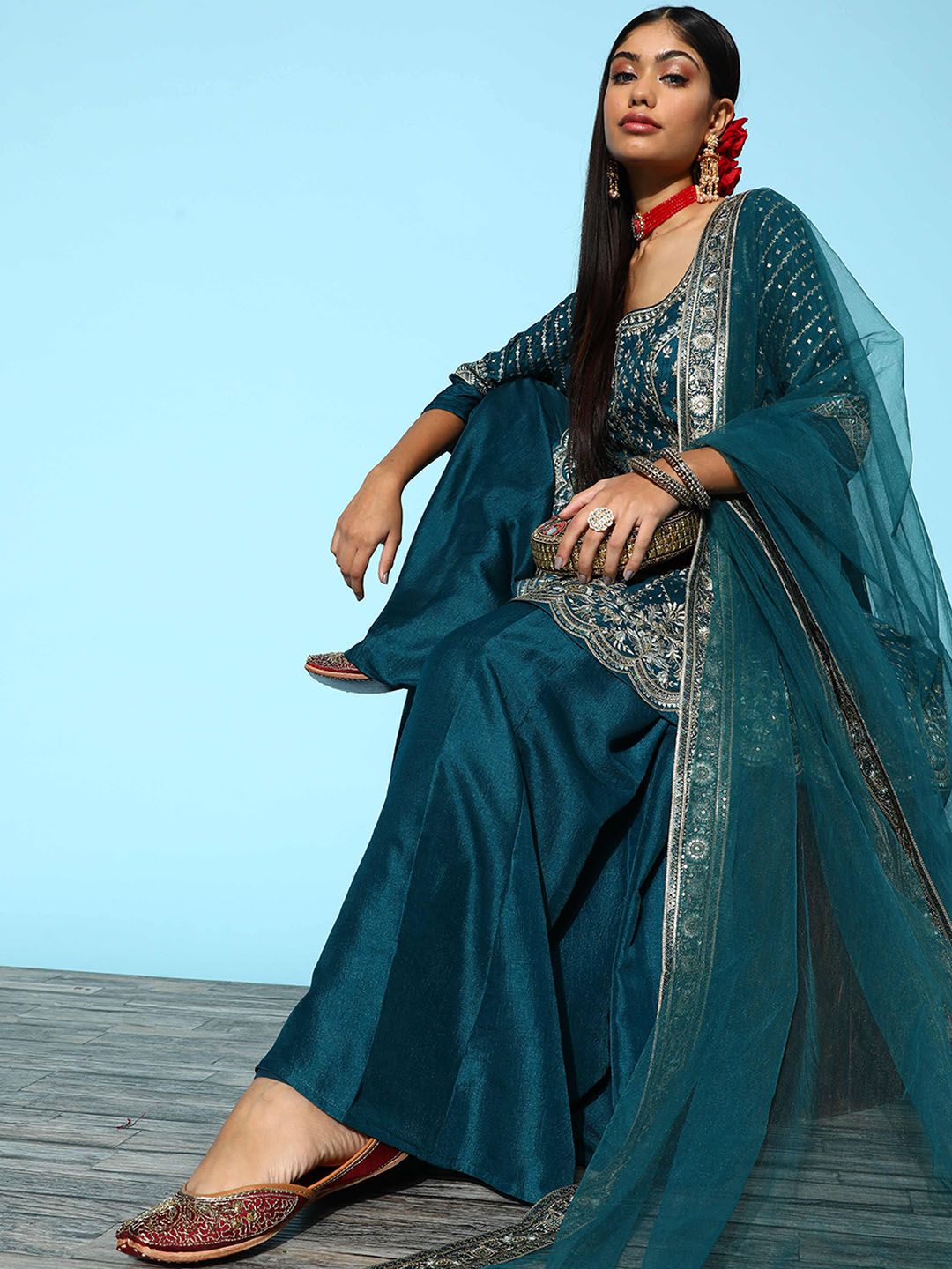 Dhiyona LL Floral Embroidered Sequinned Pure Silk Kurti With Palazzos & With Dupatta