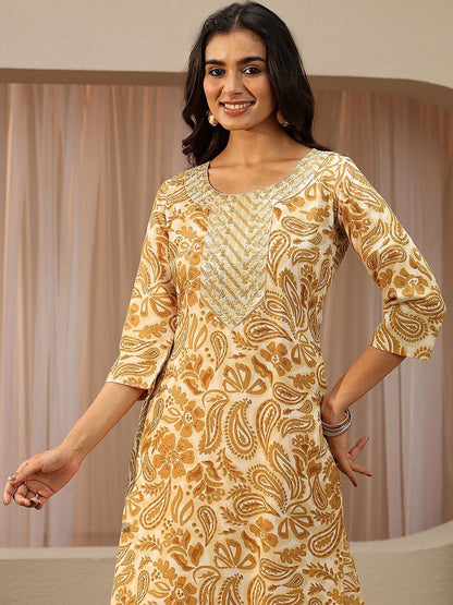 Mustard Paisley Printed Cotton Straight Suit Set